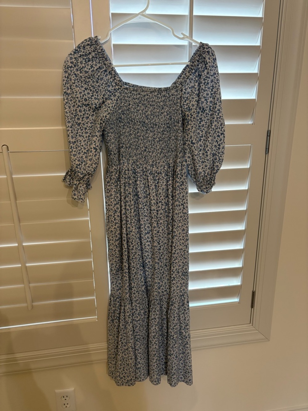 Smocked Puff-Sleeve Maxi Dress in Blue Floral